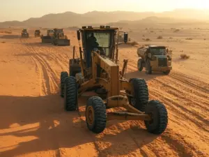 Motor grader on deck for shipping and haul prep