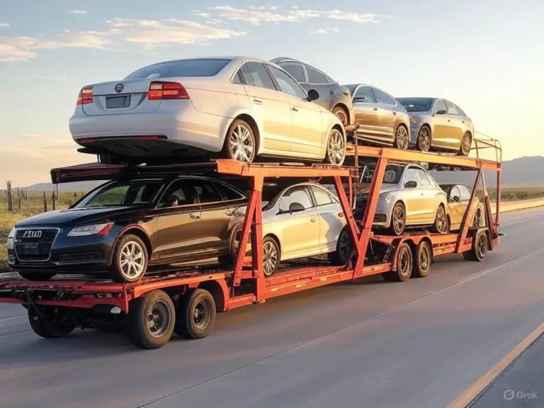 Open car carrier loaded with sedans on two decks for open car transport