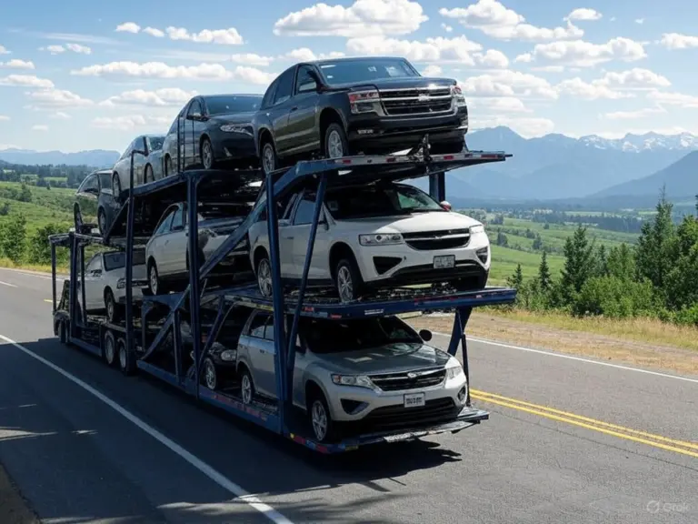 Loaded multi-level car carrier on the highway during long-distance car shipping